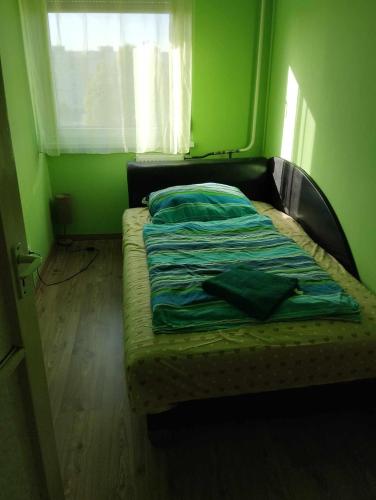 uma cama num quarto com uma parede verde em Csontváry27 apartman em Budapeste
