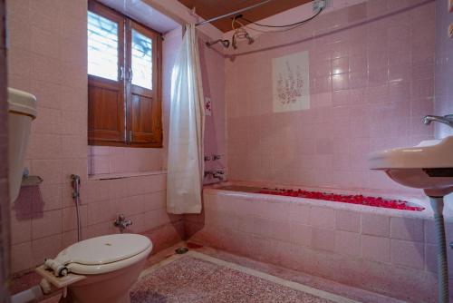 Un baño con inodoro, lavabo y bañera. en Hotel Ambavgarh Palace, en Udaipur