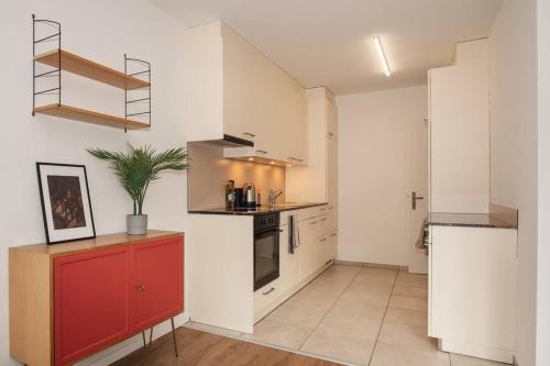 a kitchen with white walls and a red cabinet at Spacious apartment next to Rhine in Basel