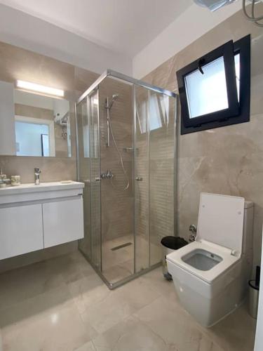 a bathroom with a shower and a toilet and a sink at Studio Alev POOLview-CaesarResortSpa(North Cyprus) in Perivolia tou Trikomou