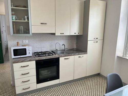 a kitchen with white cabinets and a sink and a microwave at Il Pesce di Legno in Livorno