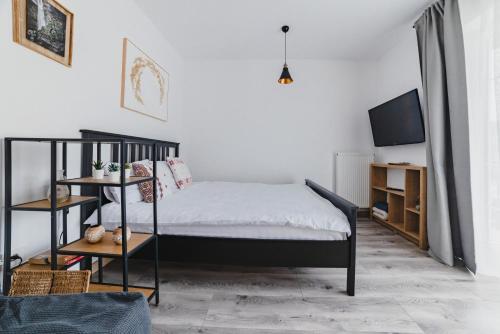 a bedroom with a black bed and a tv at Schiller Studio 64 - free private parking in Braşov