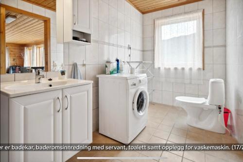 a bathroom with a washing machine and a sink at Nesset i Fiskfjord in Dragland
