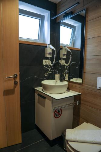 a bathroom with a sink and a mirror and a toilet at Studio Apartments Visit Point in Sarajevo