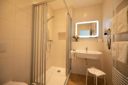 a bathroom with a shower and a sink at Gasthof Drei Schwanen in Langenwetzendorf