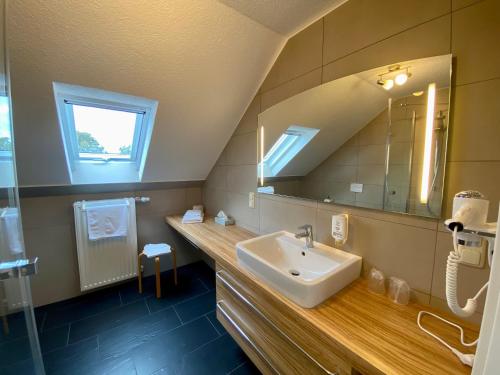 a bathroom with a sink and a mirror at Gasthof Drei Schwanen in Langenwetzendorf