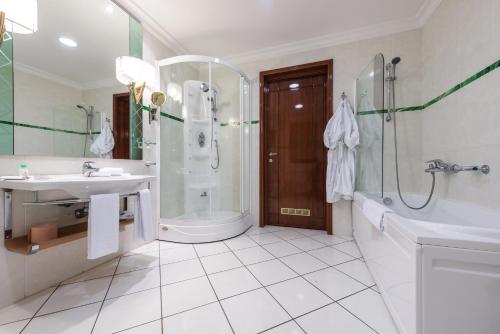 een badkamer met een douche, een toilet en een wastafel bij Hotel Villa Breg in Vršac