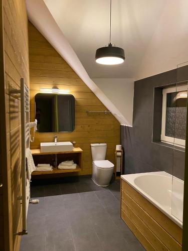 a bathroom with a sink and a tub and a tv at Vila Cetina in Beliş