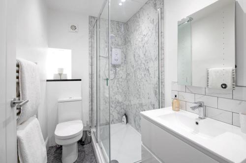 Flat in Bath City Centre في باث: حمام مع مرحاض ومغسلة ودش