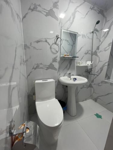 uma casa de banho com um WC e um lavatório em Isfandiyor Hotel em Samarkand