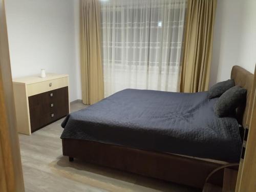 a bedroom with a bed and a dresser and a window at Hightower Apartment in Floreşti