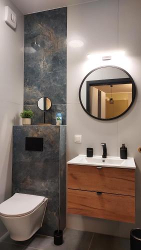 a bathroom with a sink and a mirror at Apartament Kallisto in Bydgoszcz