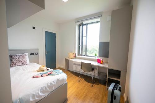 a bedroom with a bed and a desk and a window at University of Galway Rooms in Galway