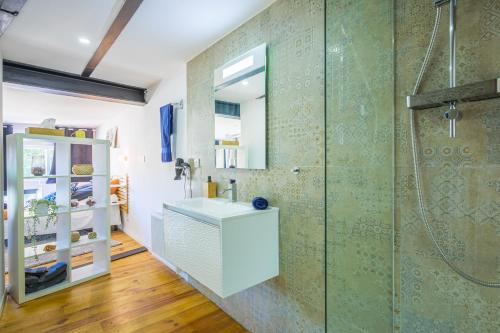y baño con ducha acristalada y lavamanos. en Le Bourgeois, en Montbéliard