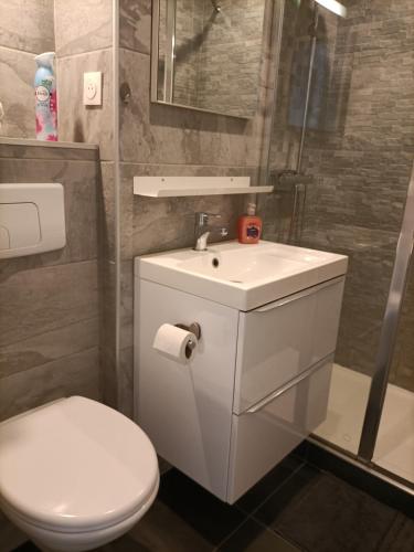 une salle de bain avec des toilettes blanches et un lavabo dans l'établissement Le Rubis, à Gruissan