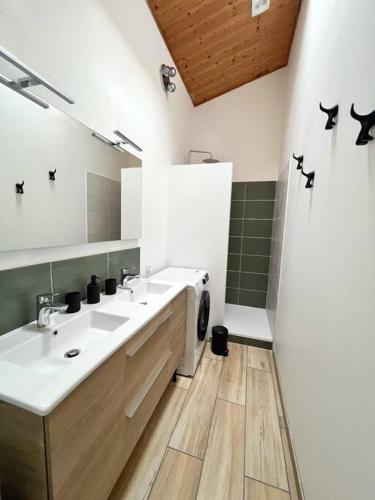 une salle de bain avec un lavabo et une machine à laver dans l'établissement L'évasion - Terrasse privée, à La Rochelle