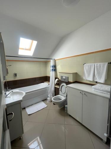 a bathroom with a sink and a toilet and a tub at Sara’S Apartament in Suceava