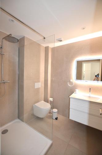 une salle de bain avec une douche, des toilettes et un lavabo dans l'établissement Studio Cannes Grand Hôtel Cormoran avec Terrrasse, à Cannes
