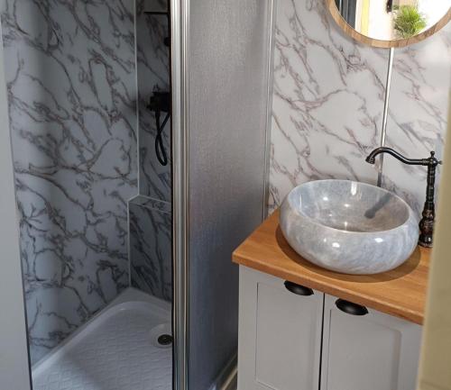 a bathroom with a bowl sink and a shower at The Tiny House in Bovey Tracey