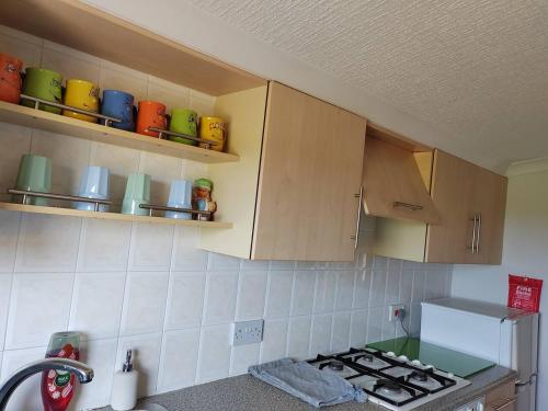 a kitchen with wooden cabinets with colorful cups on the shelves at Westview in Buckie