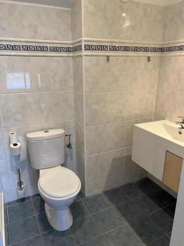 a bathroom with a white toilet and a sink at Residentie Alegria Ostende in Ostend