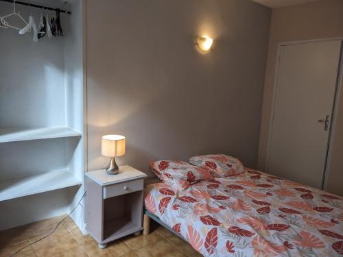 een slaapkamer met een bed en een lamp op een nachtkastje bij Appartement et salle de jeu in Saint-Claude