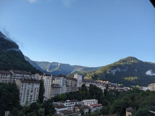 uitzicht op een stad met bergen op de achtergrond bij Appartement et salle de jeu in Saint-Claude