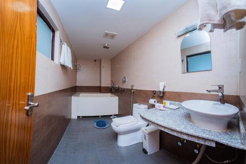 a bathroom with a sink and a toilet and a tub at Hotel Fewa Camp in Pokhara