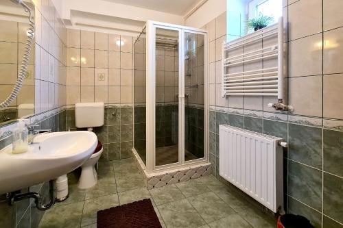 W łazience znajduje się umywalka i prysznic. w obiekcie Atmoszféra Apartman w Sárvárze
