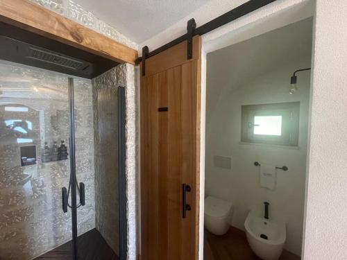 a bathroom with a toilet and a sliding glass door at 9CENTO B&B and Private SPA in Montenero Val Cocchiara