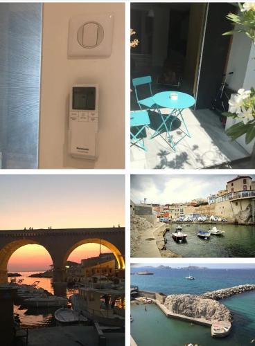 four different pictures of a bridge and a river at Maison de pêcheur in Marseille