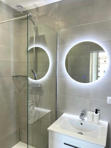 une salle de bain avec un lavabo et une douche avec un miroir dans l'établissement Le Terracotta - Joli studio Metro D Valmy et quais de Saone, à Lyon