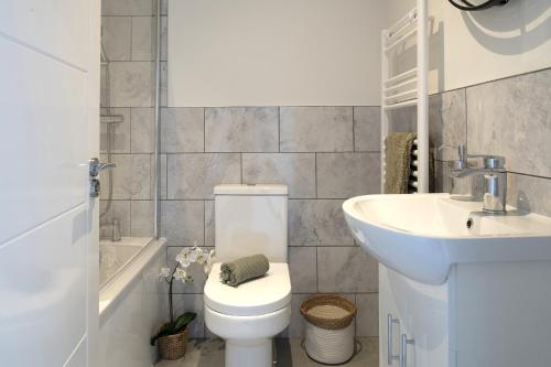 a bathroom with a white toilet and a sink at Apartment 5 Y Capel, Zip-link beds, Free on site parking, very close to town centre amenities and A55 expressway in St Asaph