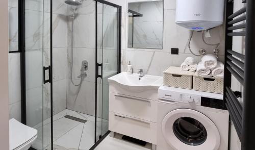 ein Badezimmer mit einer Waschmaschine und einem Waschbecken in der Unterkunft Apartament 27 in Utjeha