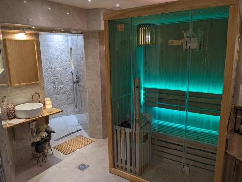 y baño con ducha y lavamanos. en Best Western Hotel & Spa Austria-La Terrasse en Saint-Étienne
