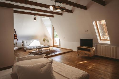 - un salon avec un canapé et une télévision dans l'établissement MMexperience, à Bîrsana