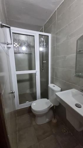 a bathroom with a toilet and a sink and a shower at Natako Apartment in Apenkwa
