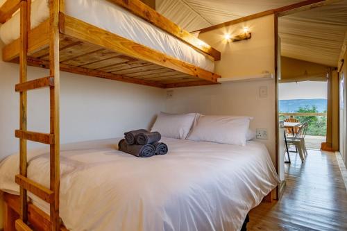 1 dormitorio con litera y escalera en AfriCamps Champagne Valley en Champagne Valley