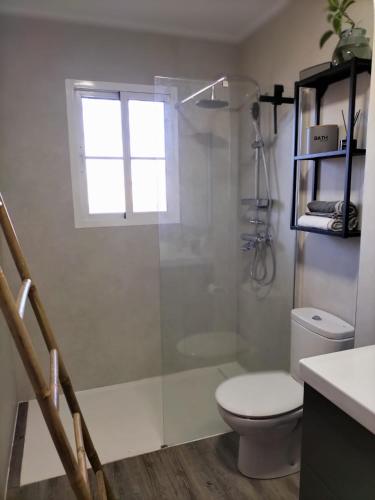 een badkamer met een douche, een toilet en een raam bij Chalet Adosado en Rincón in Rincón de la Victoria