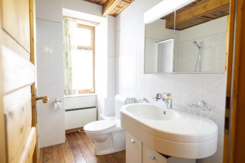 biała łazienka z umywalką i toaletą w obiekcie Chasa Broel Ferienhaus mitten in Ardez w mieście Ardez