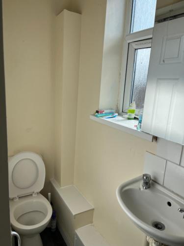 Baño blanco con aseo y lavamanos en Kleber house en Bristol