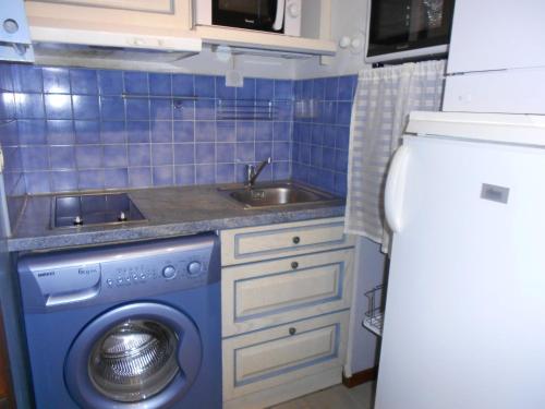 une cuisine avec une machine à laver et un évier dans l'établissement Studio cosy à Brides-les-Bains - 4 pers, 28m², balcon, parking, wifi inclus - FR-1-512-270, à Brides-les-Bains
