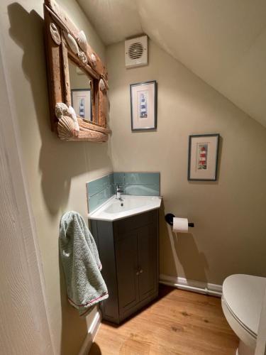 a bathroom with a sink and a toilet at Charming North Norfolk flint cottage in Baconsthorpe