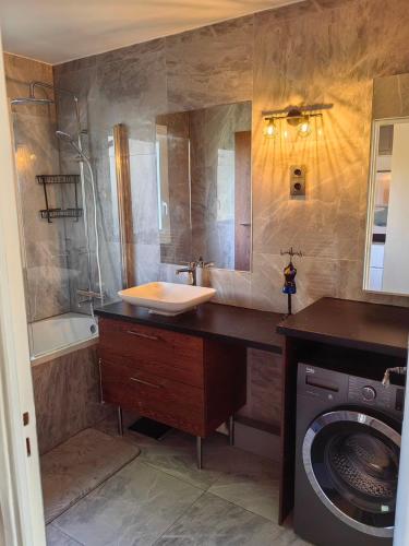 La salle de bains est pourvue d'un lavabo et d'un lave-linge. dans l'établissement Paris La Defense - Courbevoie vue sur Seine, à Courbevoie