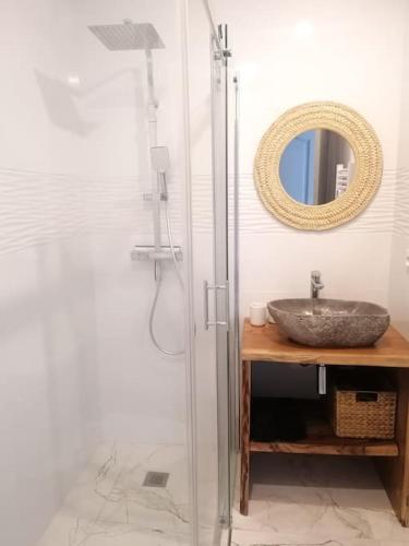 une salle de bain avec un lavabo et une douche avec un miroir dans l'établissement La Villa du Roc, grandiose, 5mn à pied de la mer, à Fréjus