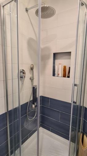 a shower with a glass door in a bathroom at Attico vista mare mozzafiato in Porto Santo Stefano