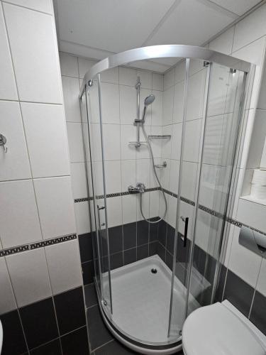 a shower in a bathroom with a toilet at Seaview Apartment in Bar