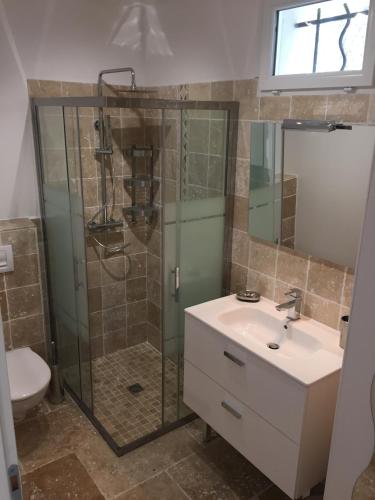 une salle de bain avec une douche, un lavabo et des toilettes dans l'établissement Le Mazet De Trial, à Aubais