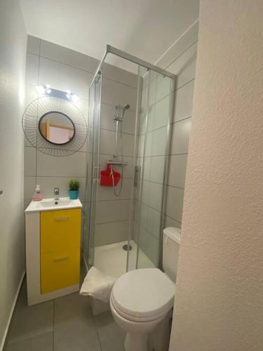 une salle de bain avec une douche, des toilettes et un lavabo dans l'établissement Studio/f1bis à 50 m de la plage, à Argelès-sur-Mer