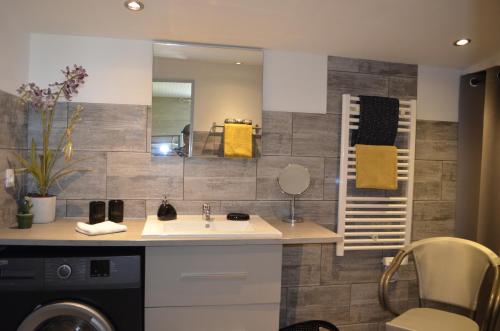 a bathroom with a sink and a washing machine at Chalet ALOHA in Saint-Côme-de-Fresné